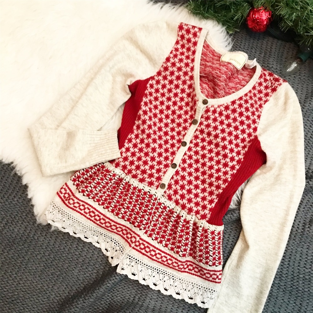 Anthropologie Red & Cream White Lambswool Cardigan